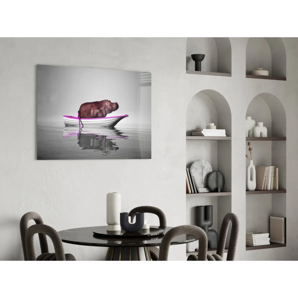 Hippo in boat canvas wall art print with brown hippo in pink-trimmed boat