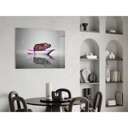 Hippo in boat canvas wall art print with brown hippo in pink-trimmed boat
