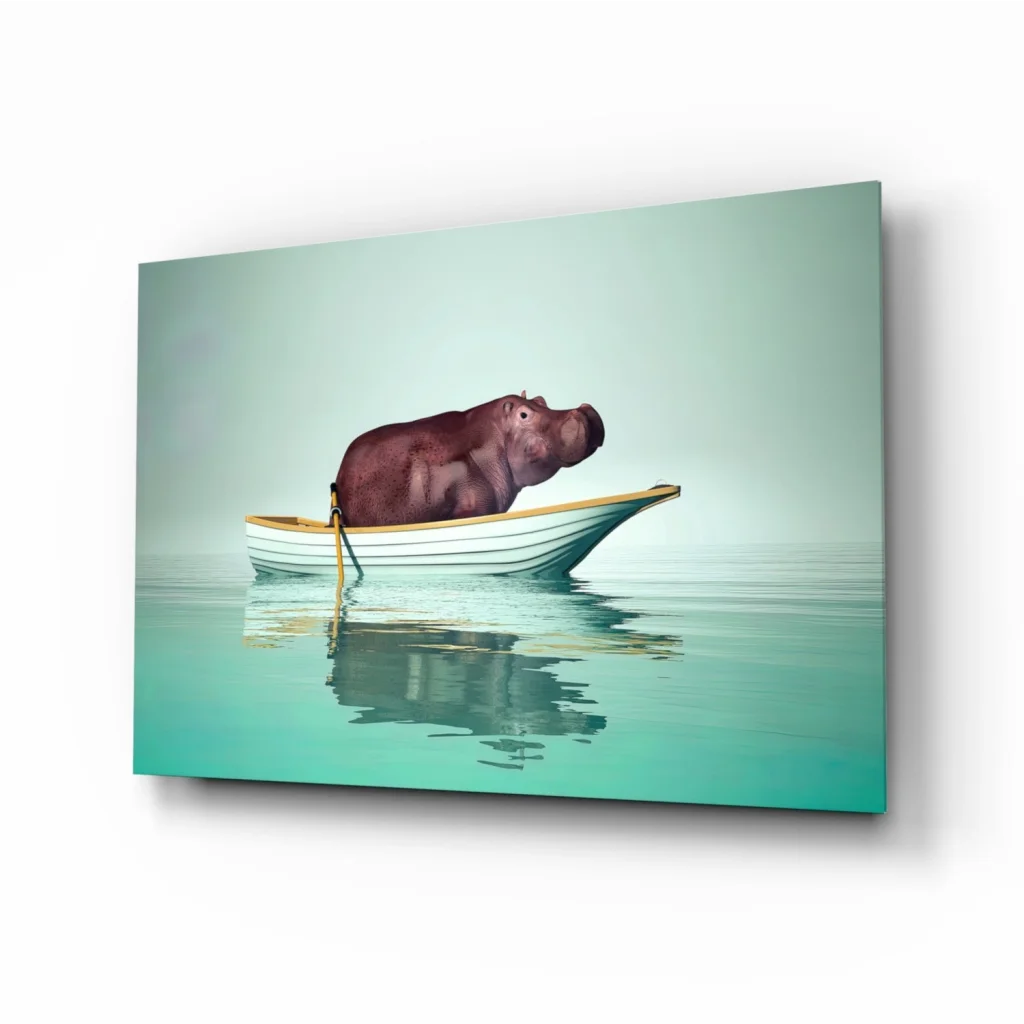 Charming hippo in rowboat canvas wall art print