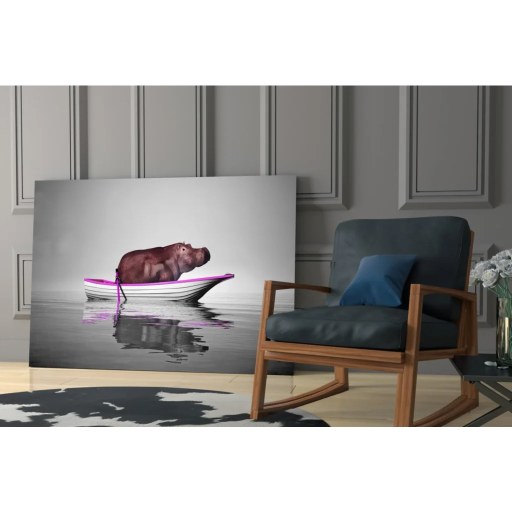 Hippo in boat wall art canvas print with minimalist background