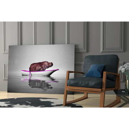 Hippo in boat wall art canvas print with minimalist background