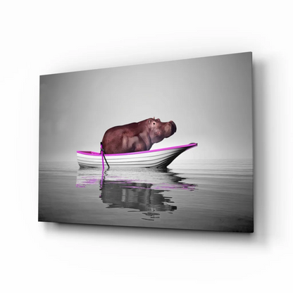 Hippo in Boat Canvas Wall Art Print | Insigneart USA | vintageantiquesgifts.com