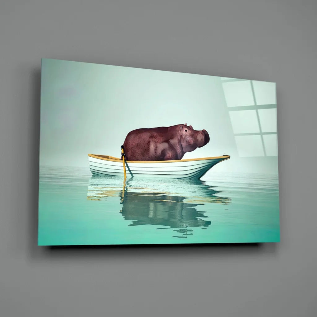 Charming brown hippo lounging in yellow-trim rowboat wall art print
