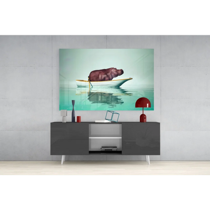 Serene brown hippo resting in white rowboat on turquoise water wall art
