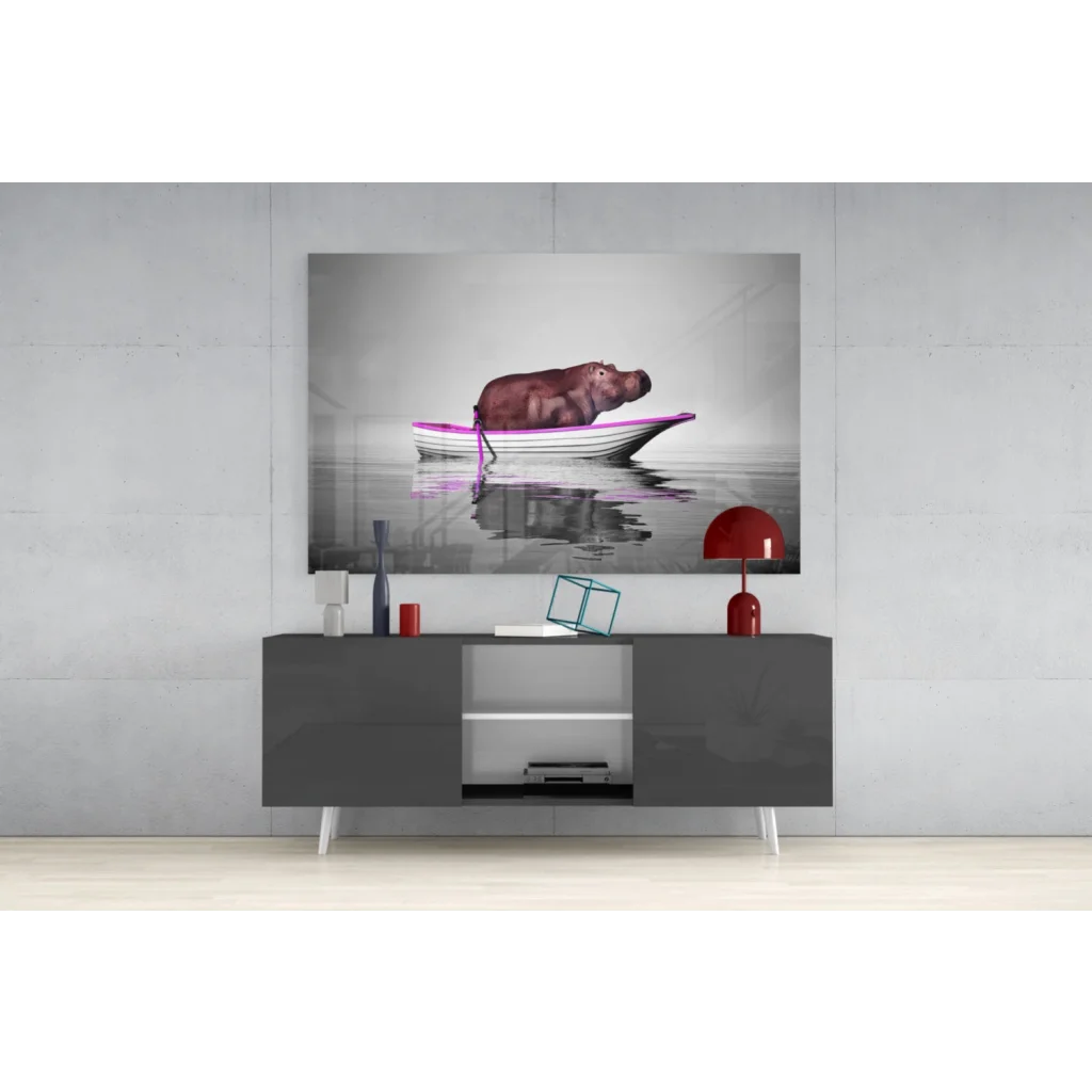 Black-and-white hippo in boat wall art canvas print