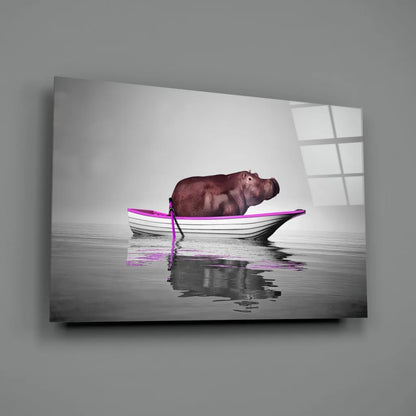 Hippo in Boat Canvas Wall Art Print | Glass Wall Art Print | vintageantiquesgifts.com
