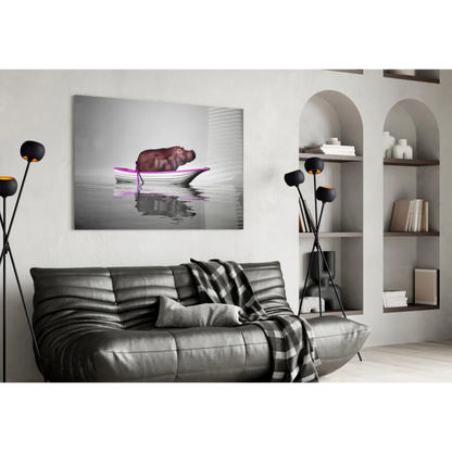 Hippo in Boat Canvas Wall Art Print | Contemporary Home Wall Art | vintageantiquesgifts.com