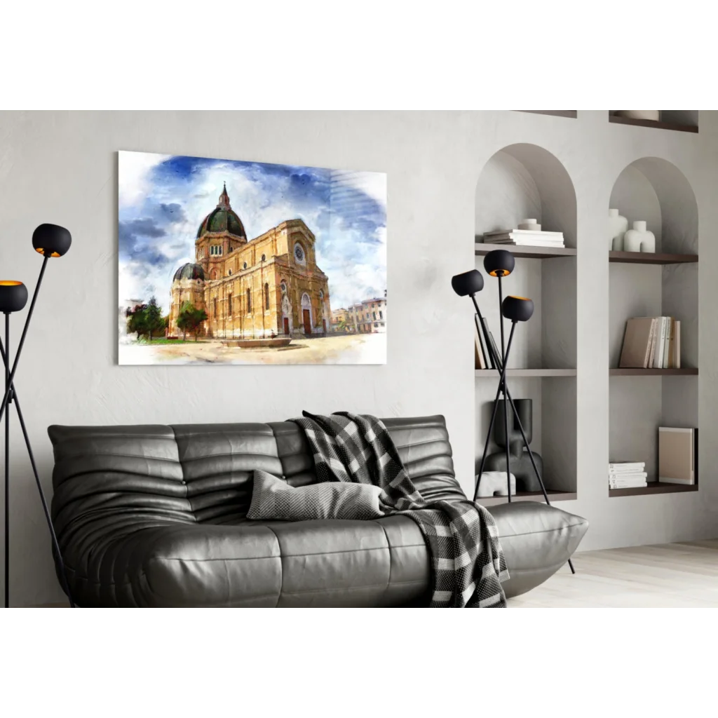 Golden cathedral watercolor wall art canvas print on glass wall