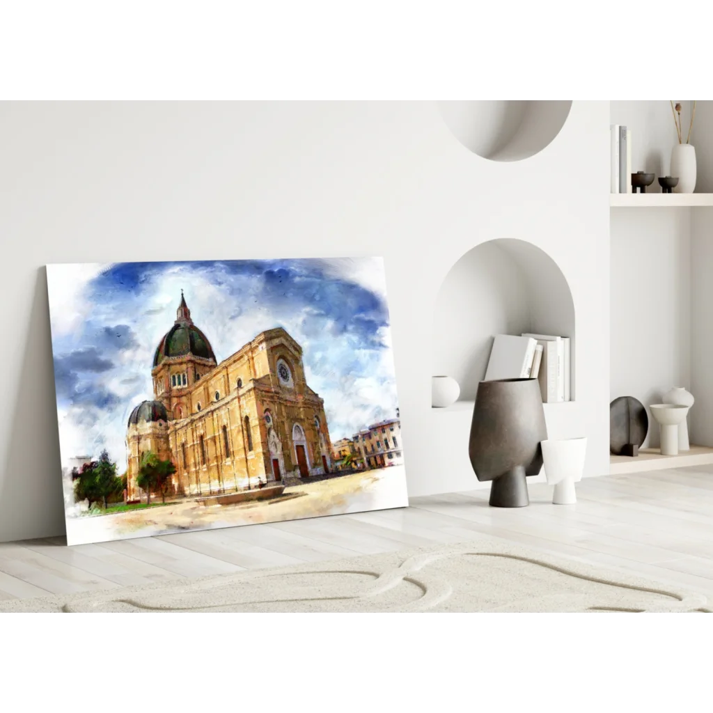 Golden cathedral watercolor wall art canvas print on white wall