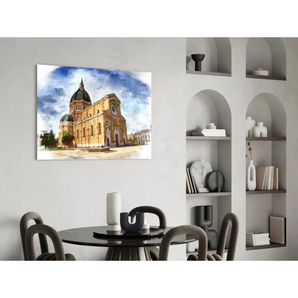 Golden cathedral watercolor wall art canvas print on white wall