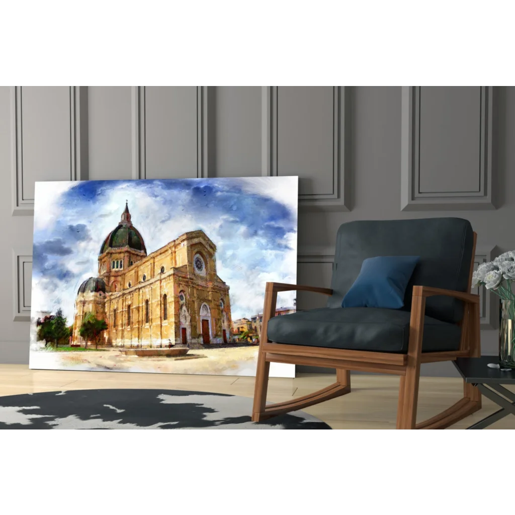 Golden Cathedral watercolor wall art canvas print of historic stone church