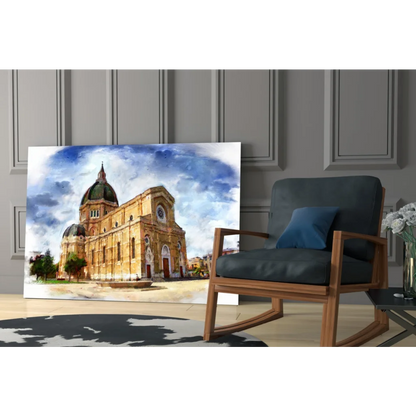Golden Cathedral watercolor wall art canvas print of historic stone church