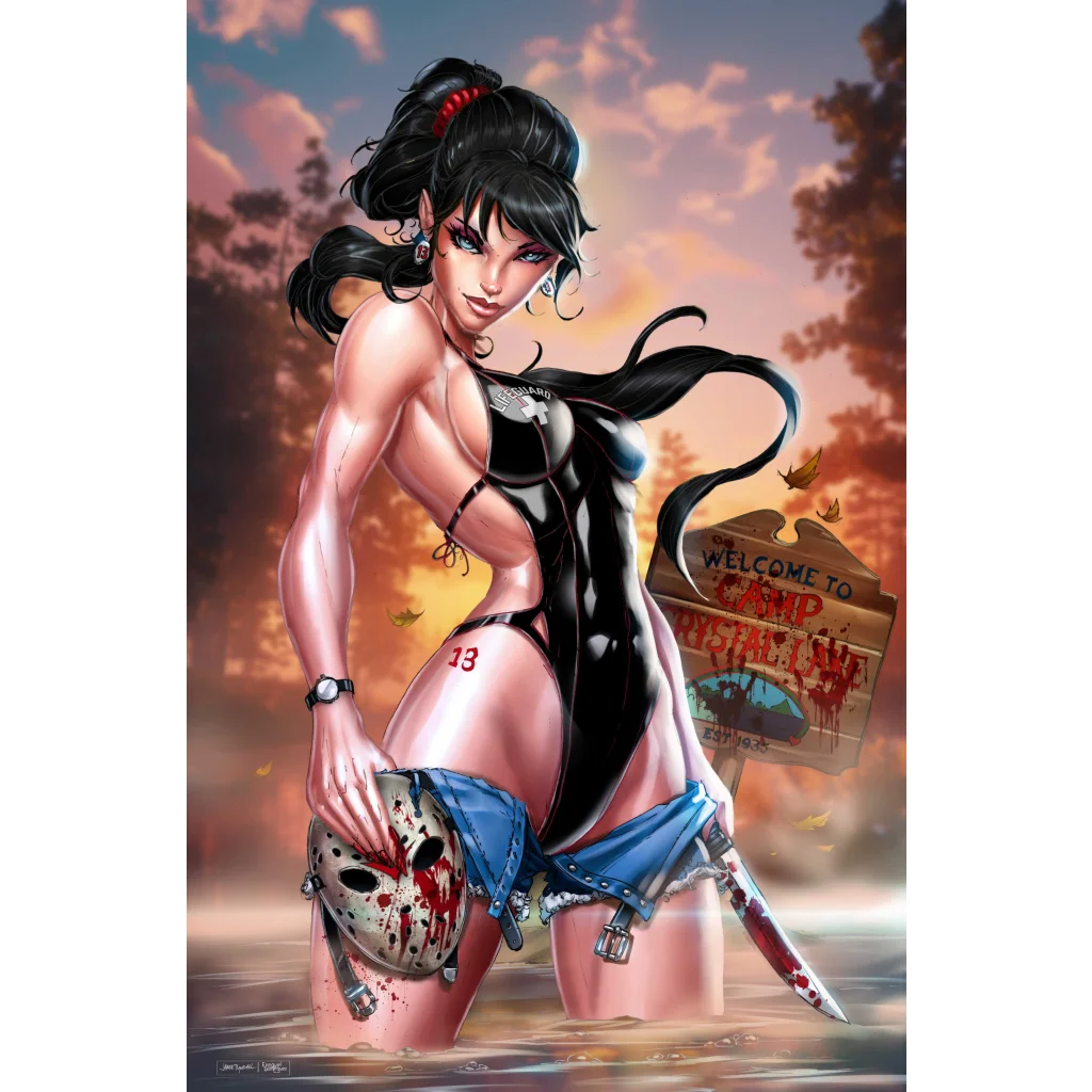 Rebel in black blue leather bodysuit and denim shorts holding blood-stained hockey mask on brushed aluminum print