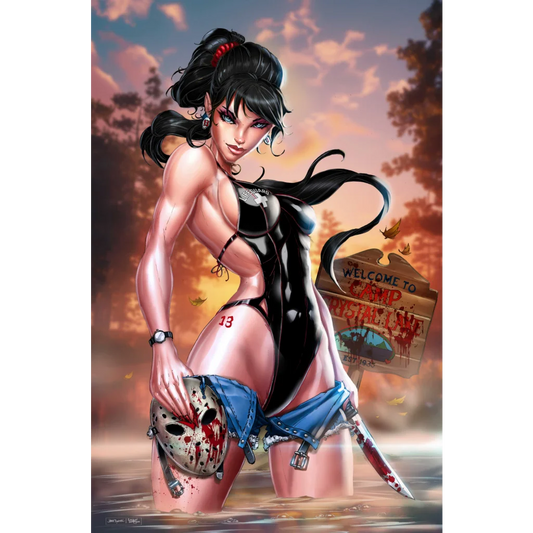 Rebel in black blue leather bodysuit and denim shorts holding blood-stained hockey mask on brushed aluminum print