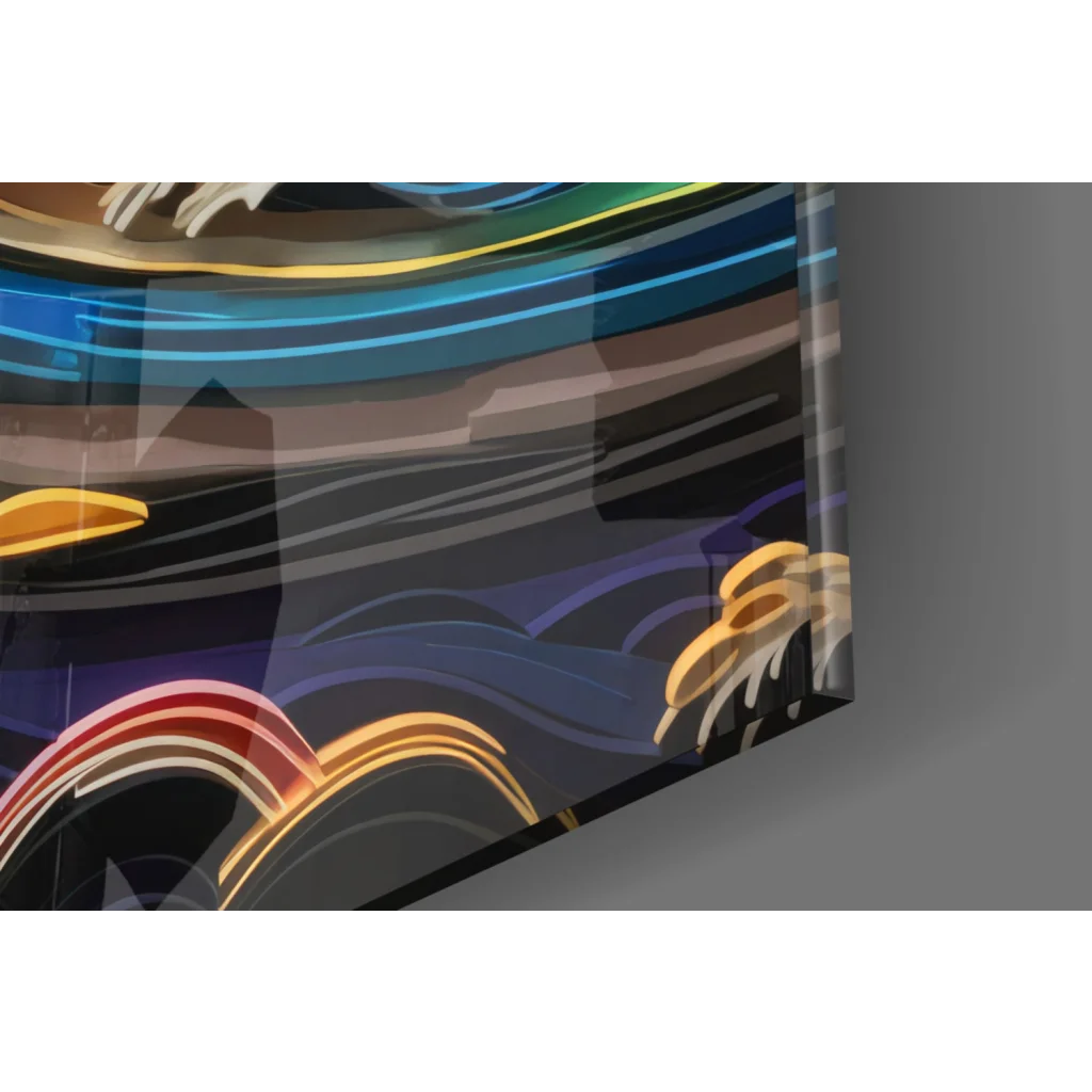 Vibrant Hokusai Great Wave glass wall art with curved aquarium fish scene