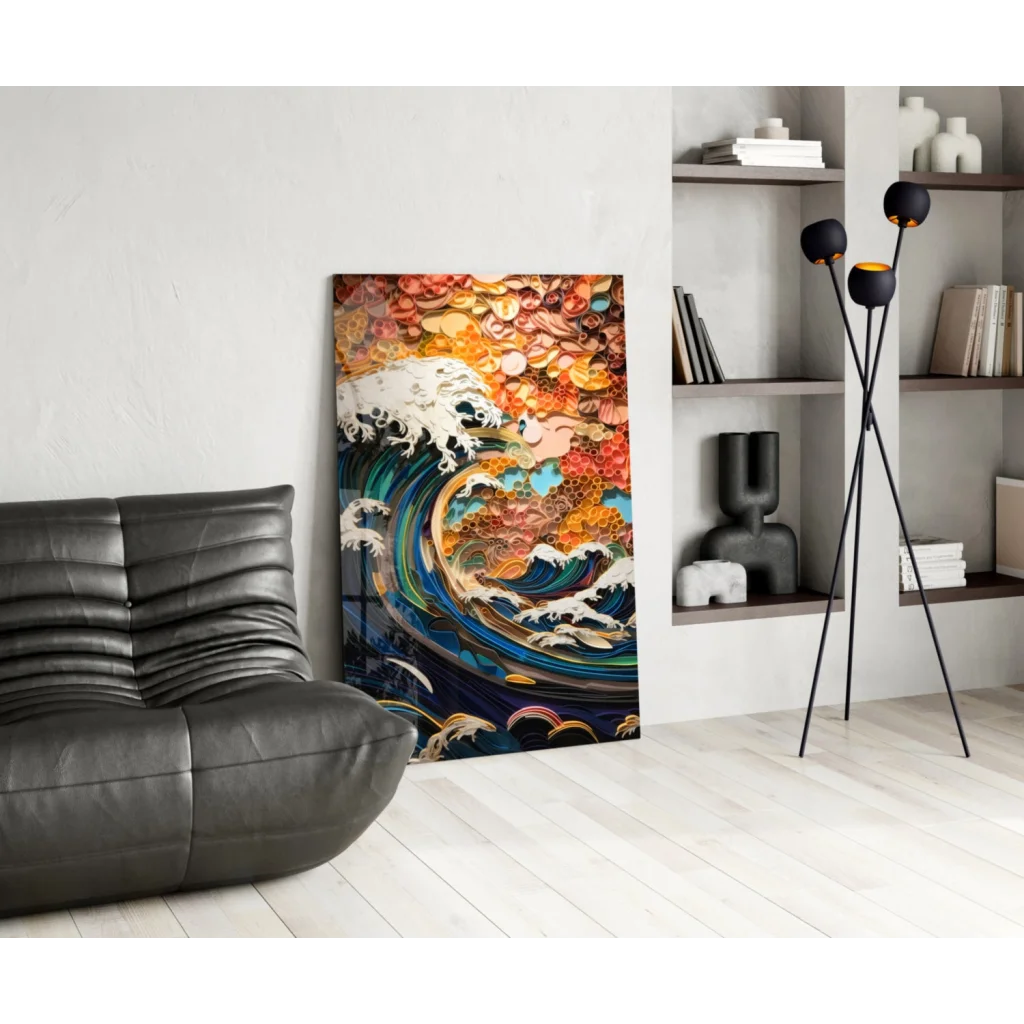 Hokusai Great Wave modern abstract canvas wall art in autumn hues
