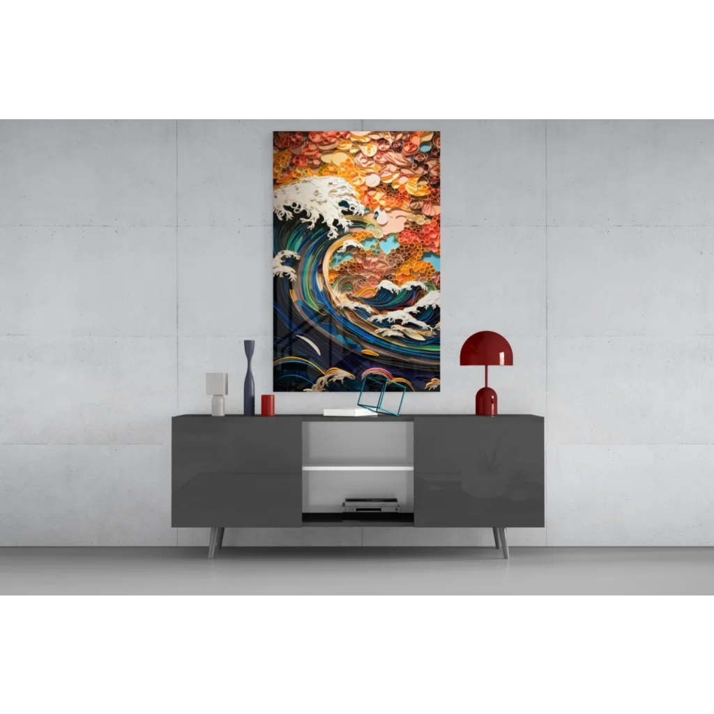 Modern gray sideboard with sleek silver legs under Hokusai Great Wave wall art