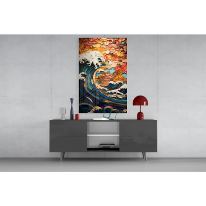 Modern gray sideboard with sleek silver legs under Hokusai Great Wave wall art
