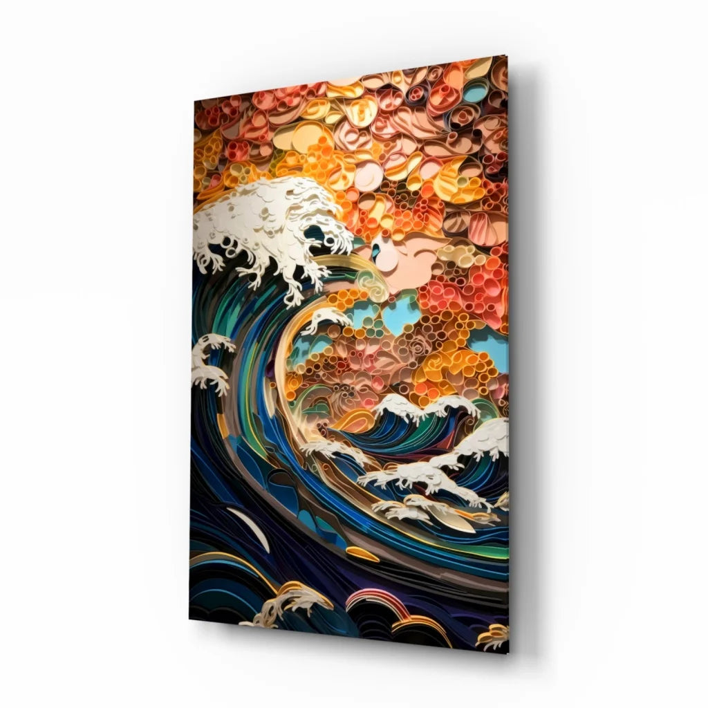 Vibrant Hokusai Great Wave canvas wall art with swirling autumn florals