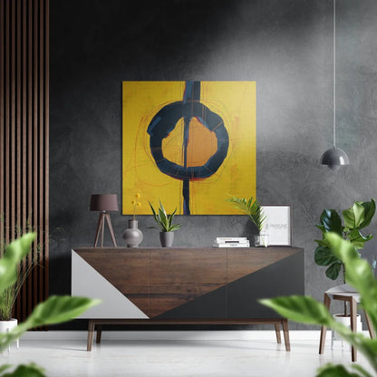 Vibrant yellow abstract on brushed aluminium dibond above geometric sideboard