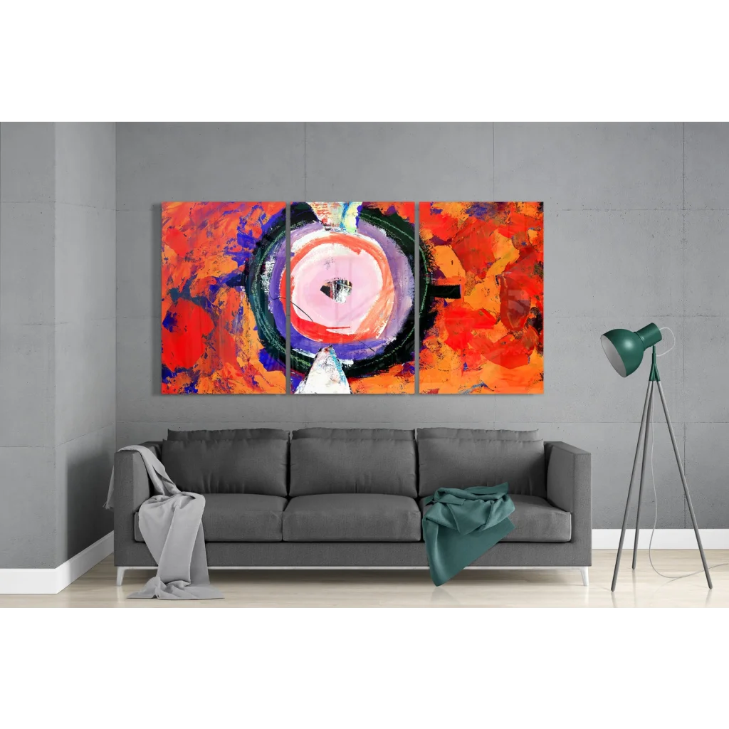 Vibrant fiery glass wall art triptych with bold abstract swirls