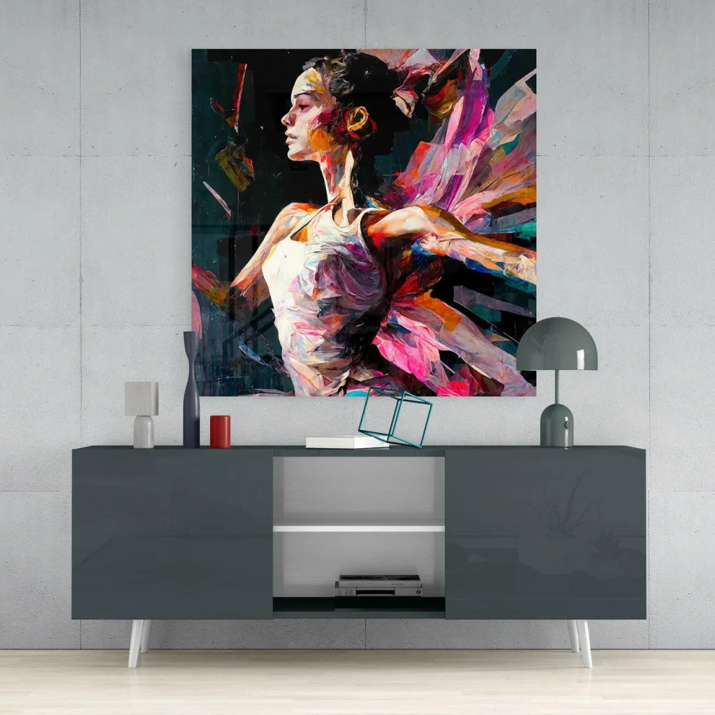 Iridescent holographic dancer glass wall art with metallic accents