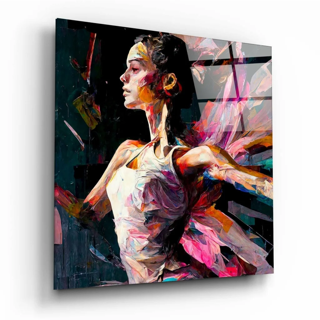 Vibrant holographic dancer glass wall art with iridescent metallic accents