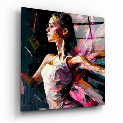 Vibrant holographic dancer glass wall art with iridescent metallic accents