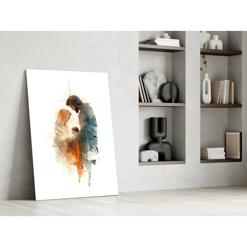 Watercolor Holy Family wall art canvas print in orange blue hues