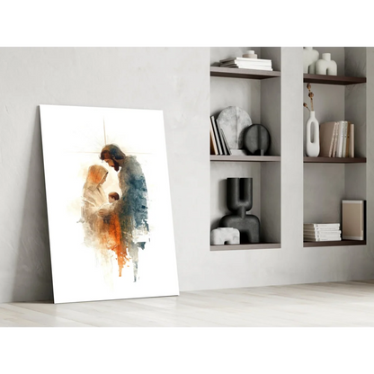 Watercolor Holy Family wall art canvas print in orange blue hues