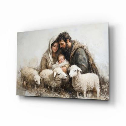 Serene holy family nativity canvas wall art with sheep in earthy tones