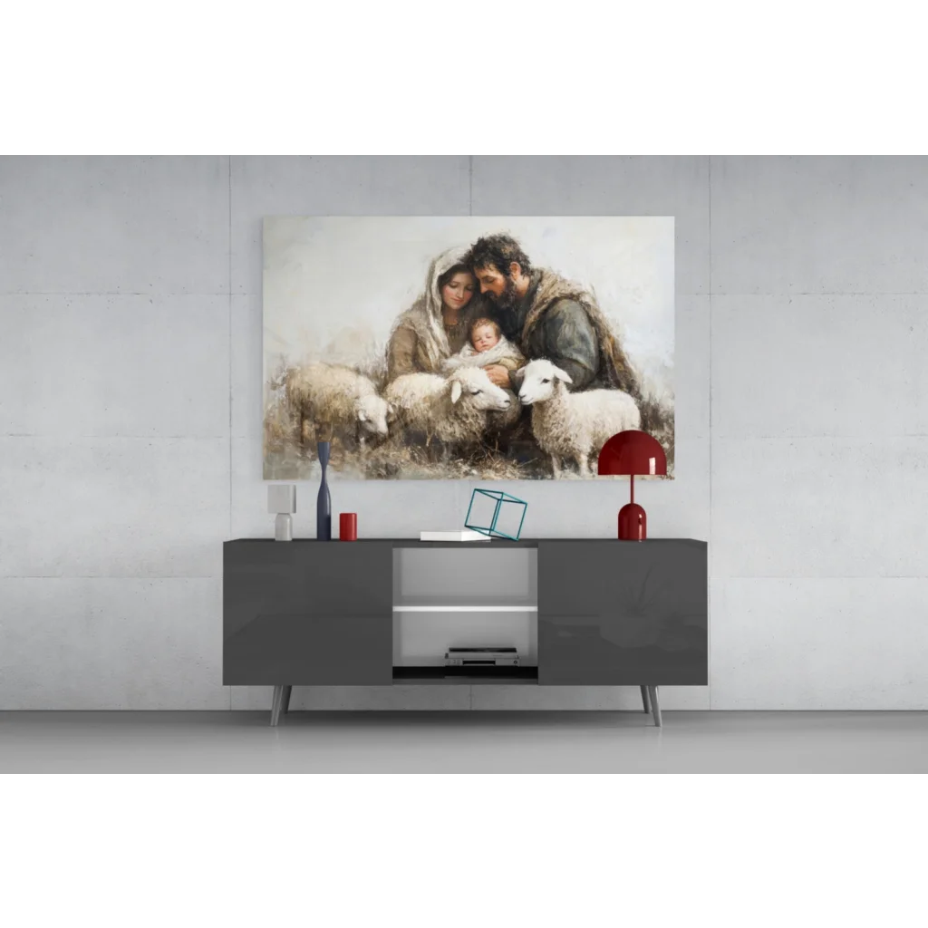 Serene oil painting of Holy Family with sheep in rustic stable wall art
