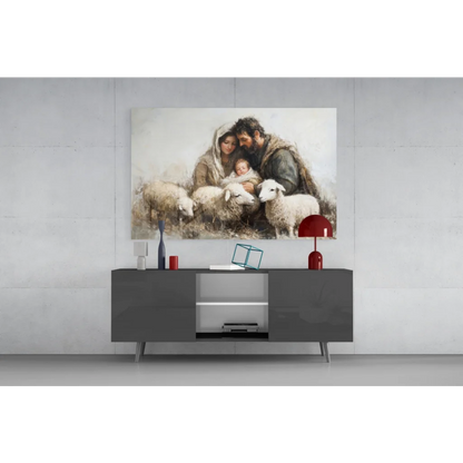 Serene oil painting of Holy Family with sheep in rustic stable wall art