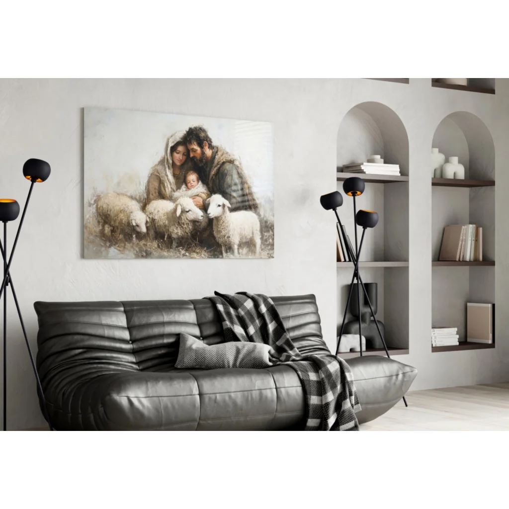 Serene Holy Family nativity canvas wall art with sheep in earthy tones