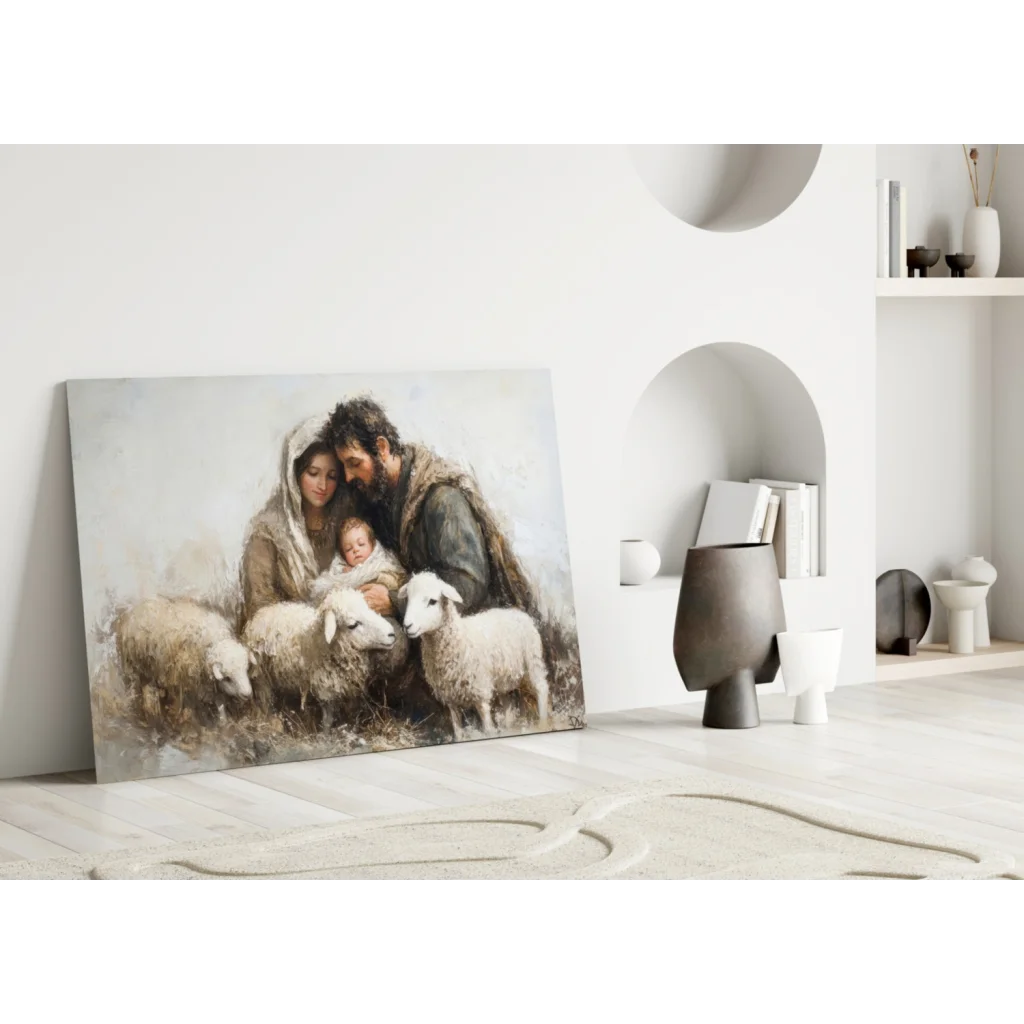 Beige and gray holy family nativity canvas wall art with sheep