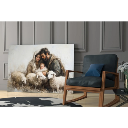 Serene Holy Family nativity canvas wall art with sheep in earthy tones