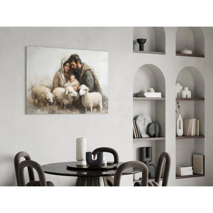 Serene Holy Family nativity canvas wall art with sheep