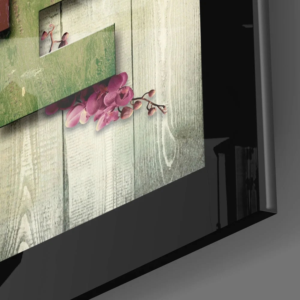 Rustic pink orchid wall art on glass with vintage key accent