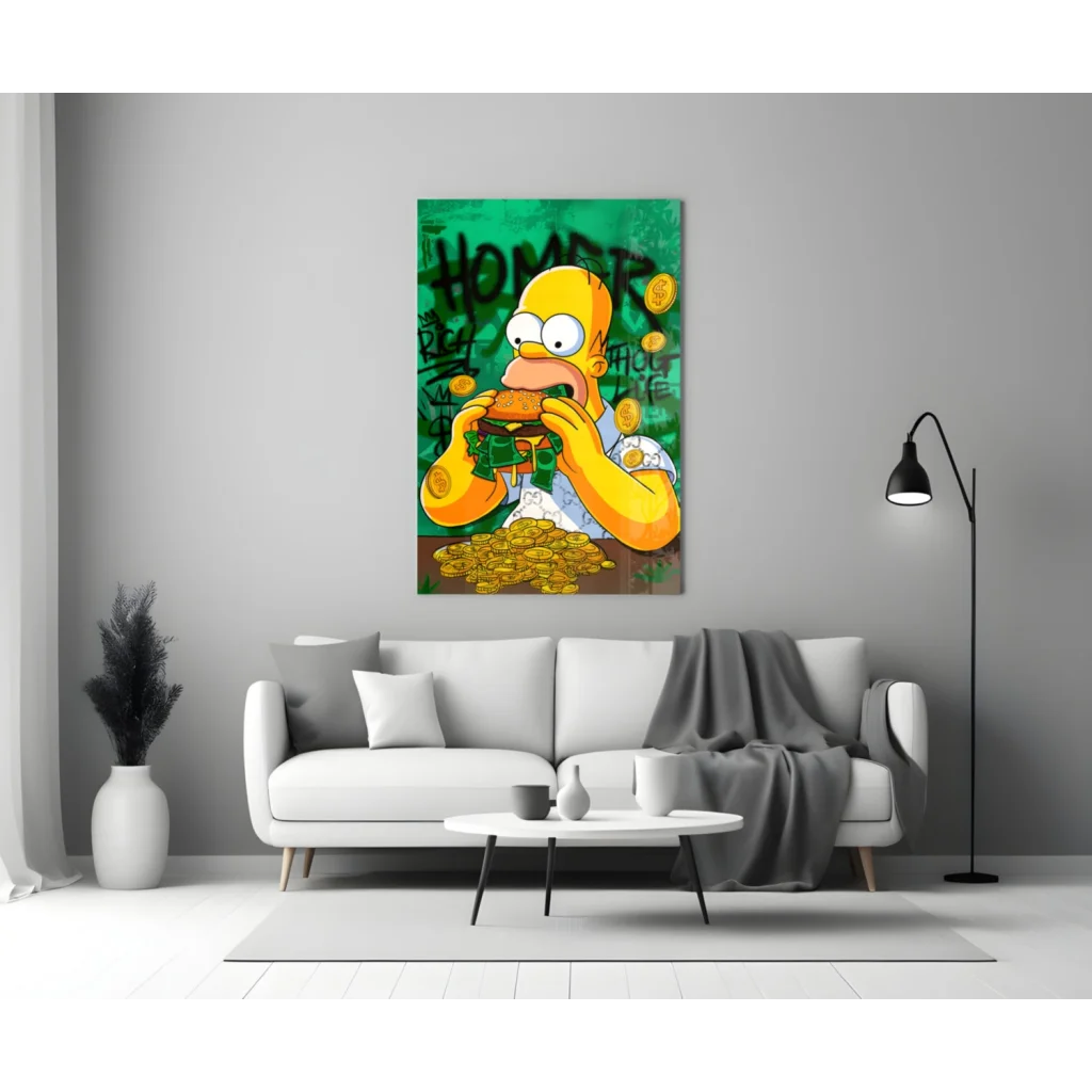 Homer Simpson devouring burger in vibrant green wall art with gold coins