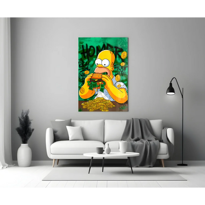 Homer Simpson devouring burger in vibrant green wall art with gold coins