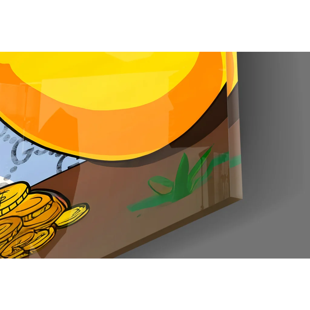 Homer Simpson money burger cartoon wall art with sun and coins