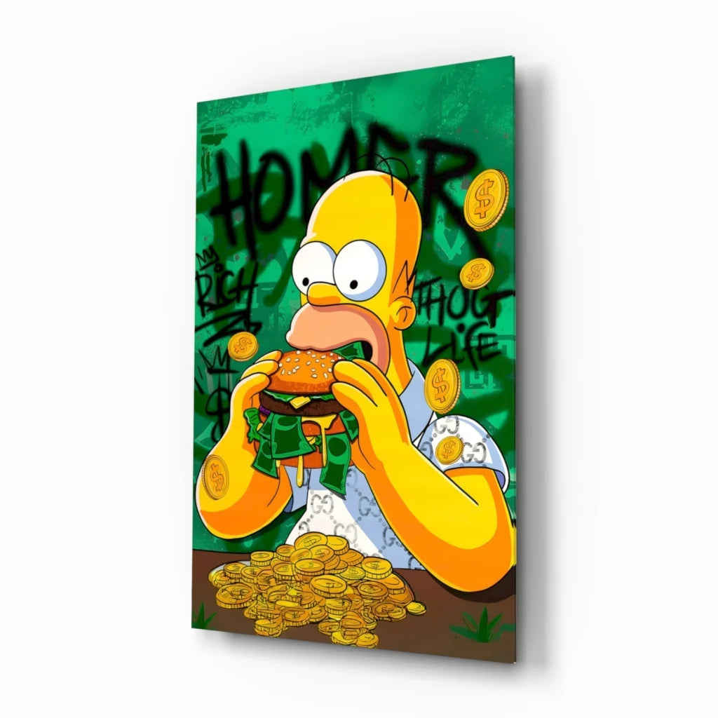 Homer Simpson devouring money burger canvas wall art print