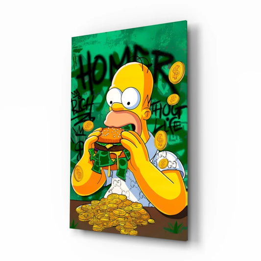 Homer Simpson devouring money burger canvas wall art print