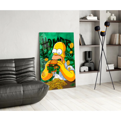 Homer Simpson devouring burger in vibrant green canvas wall art with gold coins