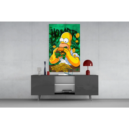 Homer Simpson devouring money burger on vibrant green canvas wall art