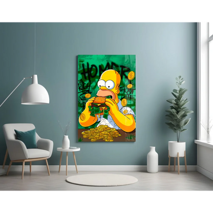 Homer Simpson devouring money burger on vibrant green wall art canvas