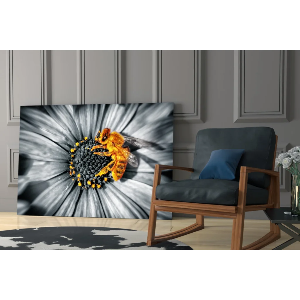 Golden bee on black-and-white daisy canvas wall art print