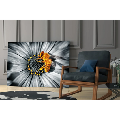 Golden bee on black-and-white daisy canvas wall art print