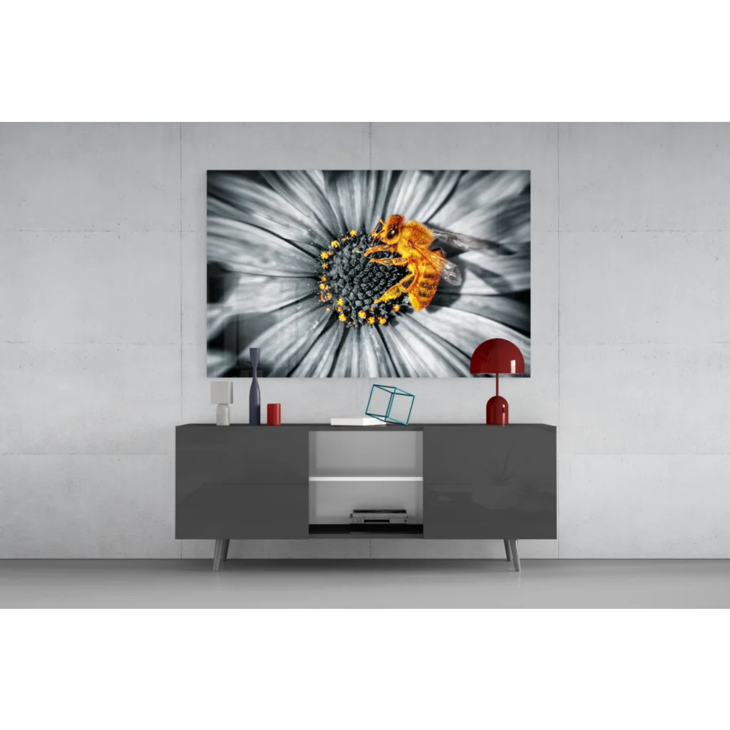 Vibrant bee on daisy canvas wall art print with golden insect pop