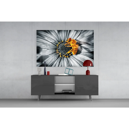 Vibrant bee on daisy canvas wall art print with golden insect pop